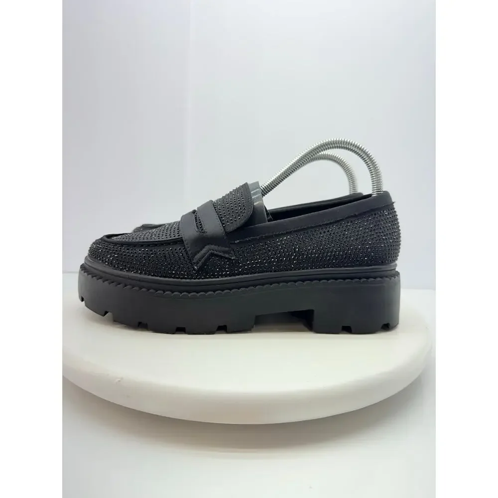 Forever 21 Black Rhinestone Chunky Loafers Women's Size 7.5 Casual‎ Shoes Flats